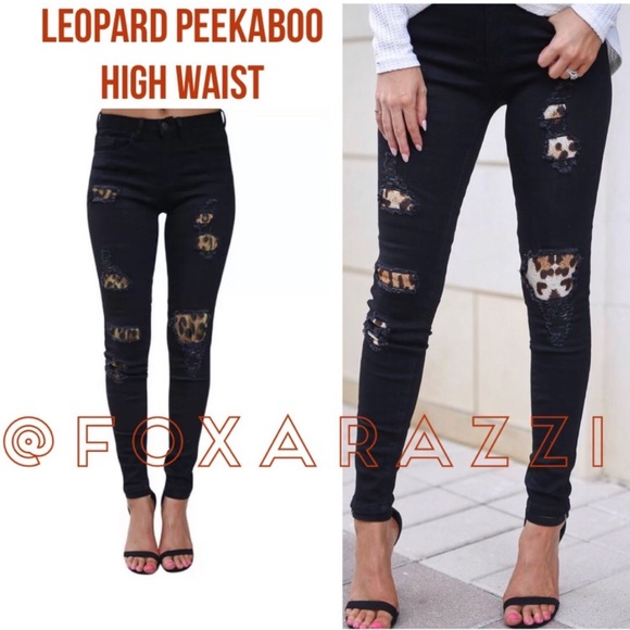Denim - Leopard High Waist Distressed Black Denim Jeans Stretch